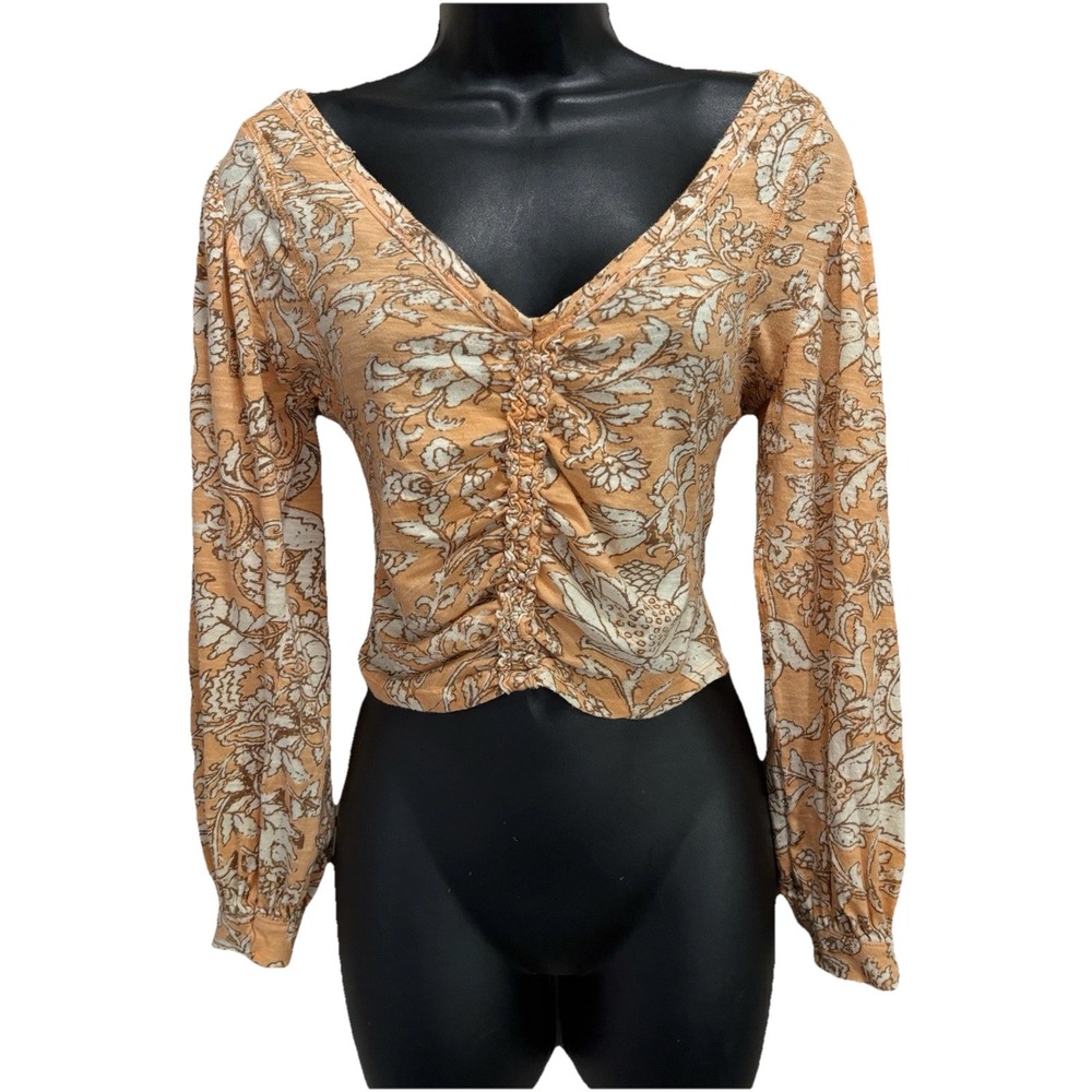 Freeโ People Orange/White Floral Long Sleeve Crop Rouching V Neck Blouse Size XS